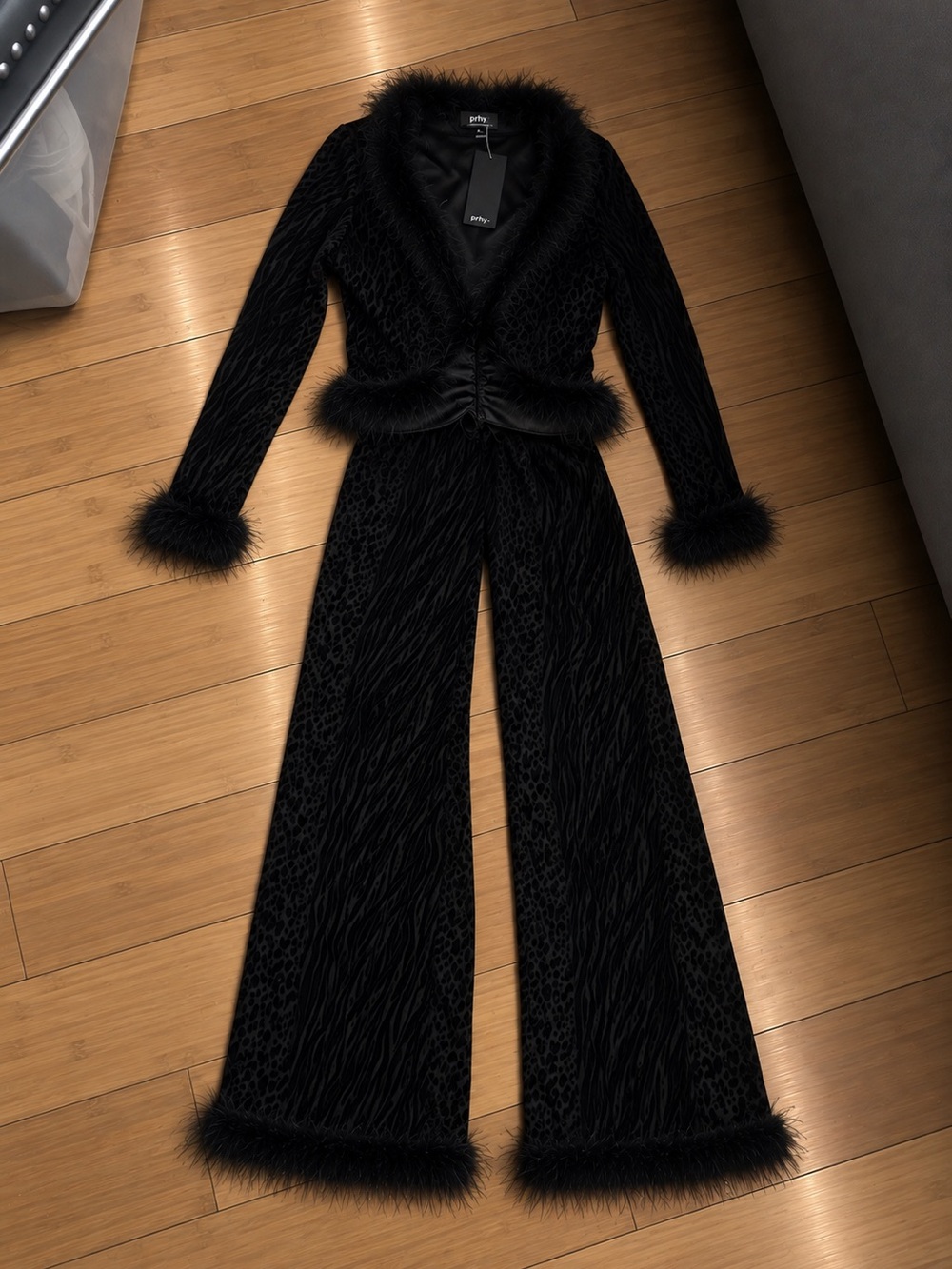 Prive Black Faux-Fur Trim Wide-Leg Jumpsuit